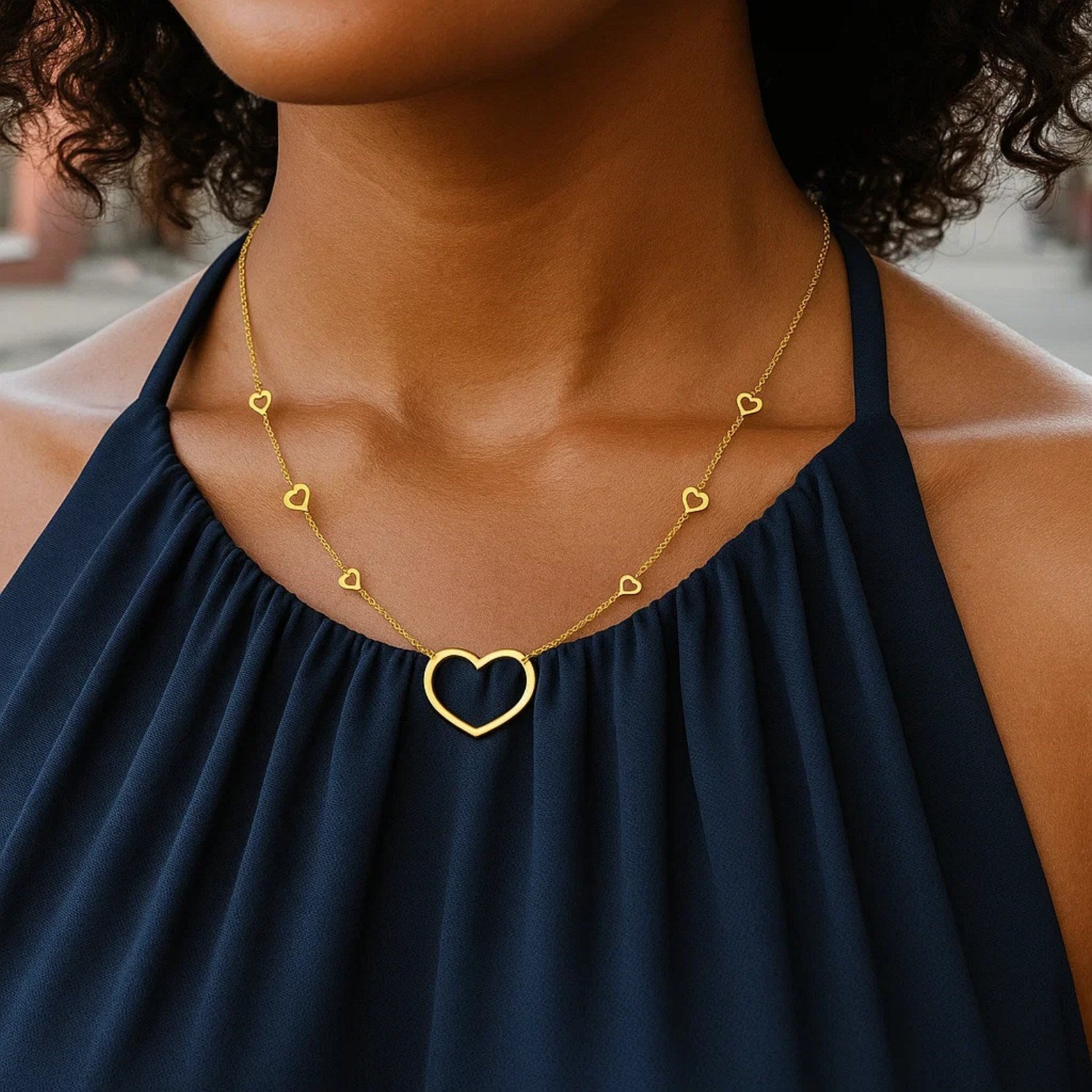 Open Heart Station Necklace, 14K Yellow Gold