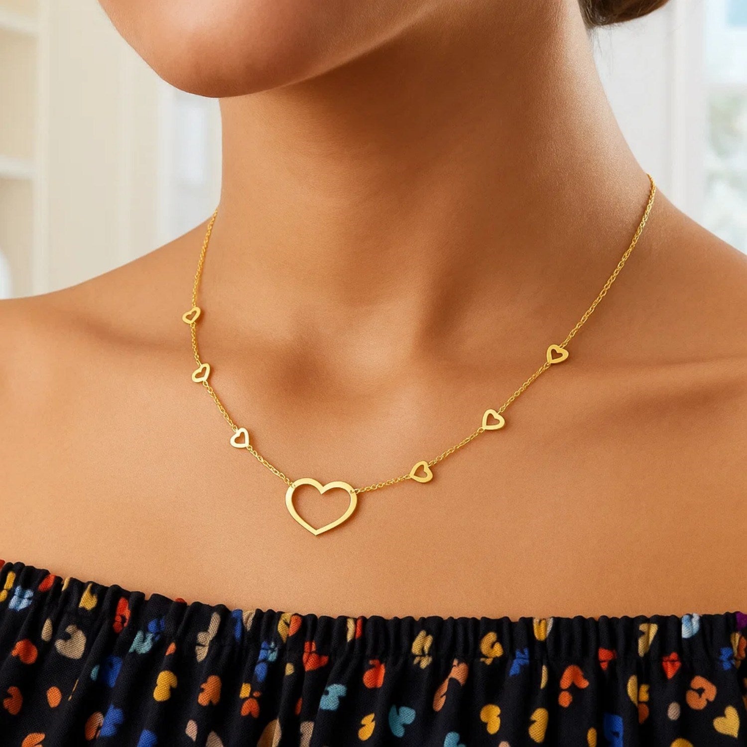 Open Heart Station Necklace, 14K Yellow Gold
