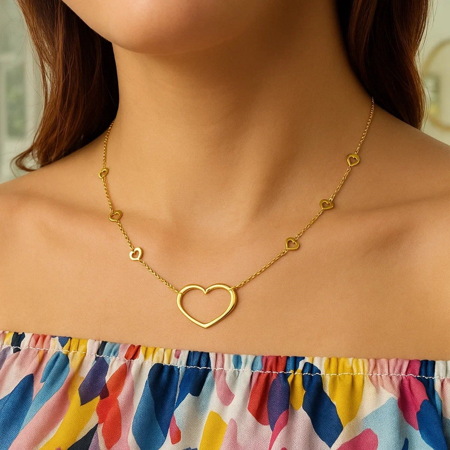 Open Heart Station Necklace, 14K Yellow Gold