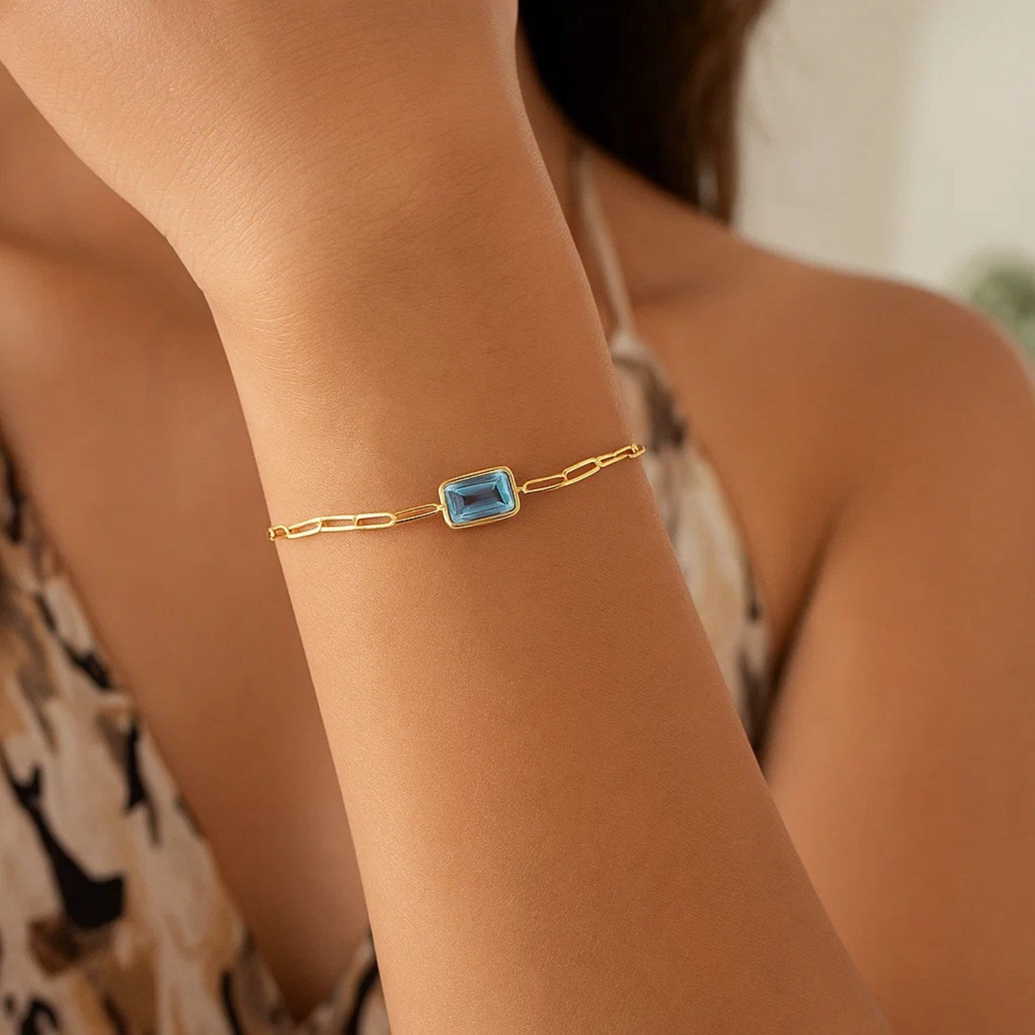 Blue Topaz Paperclip Bracelet, 14K Yellow Gold