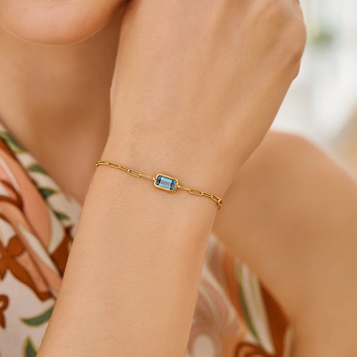 Blue Topaz Paperclip Bracelet, 14K Yellow Gold