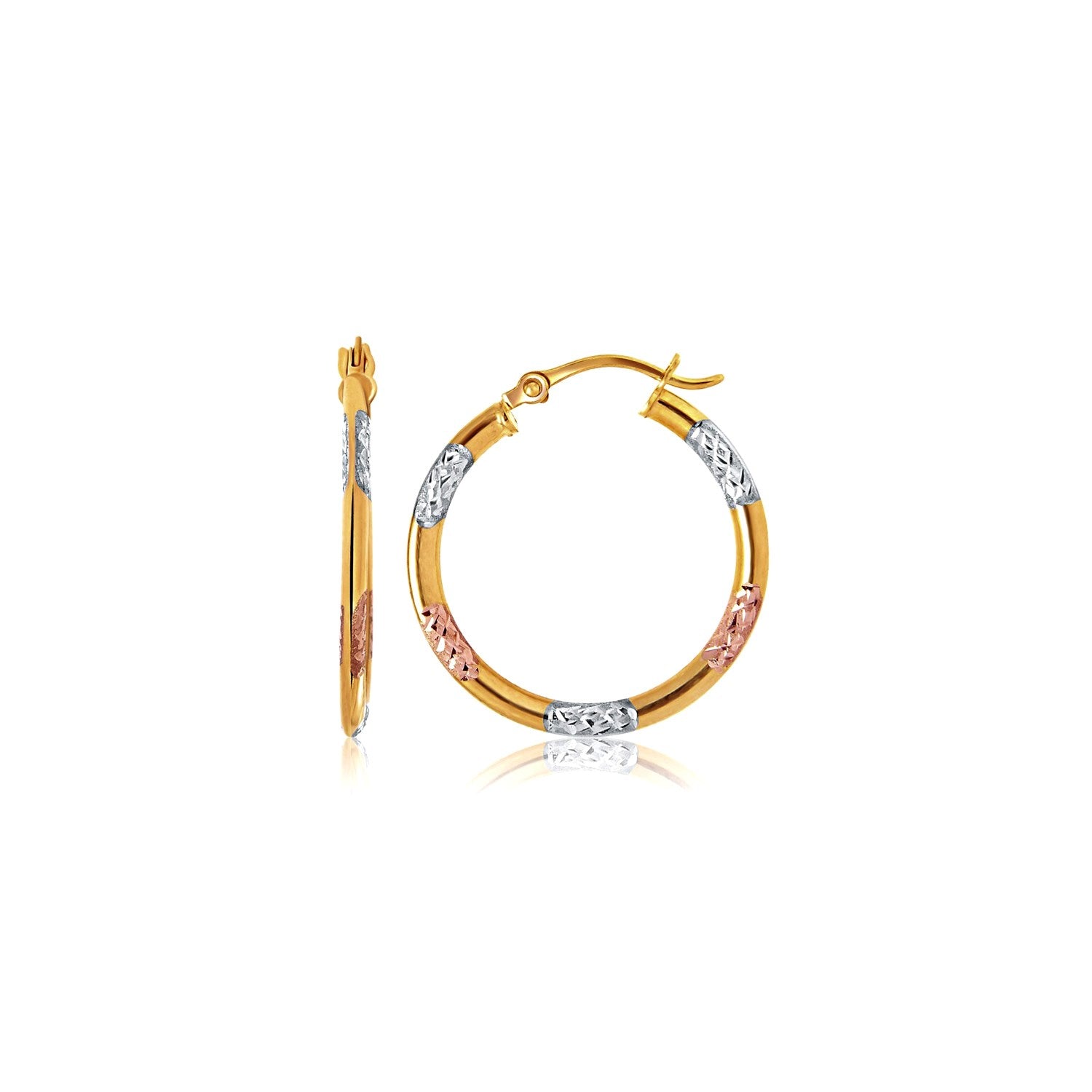 Tri-Color Diamond Cut Hoop Earrings, 10K Gold