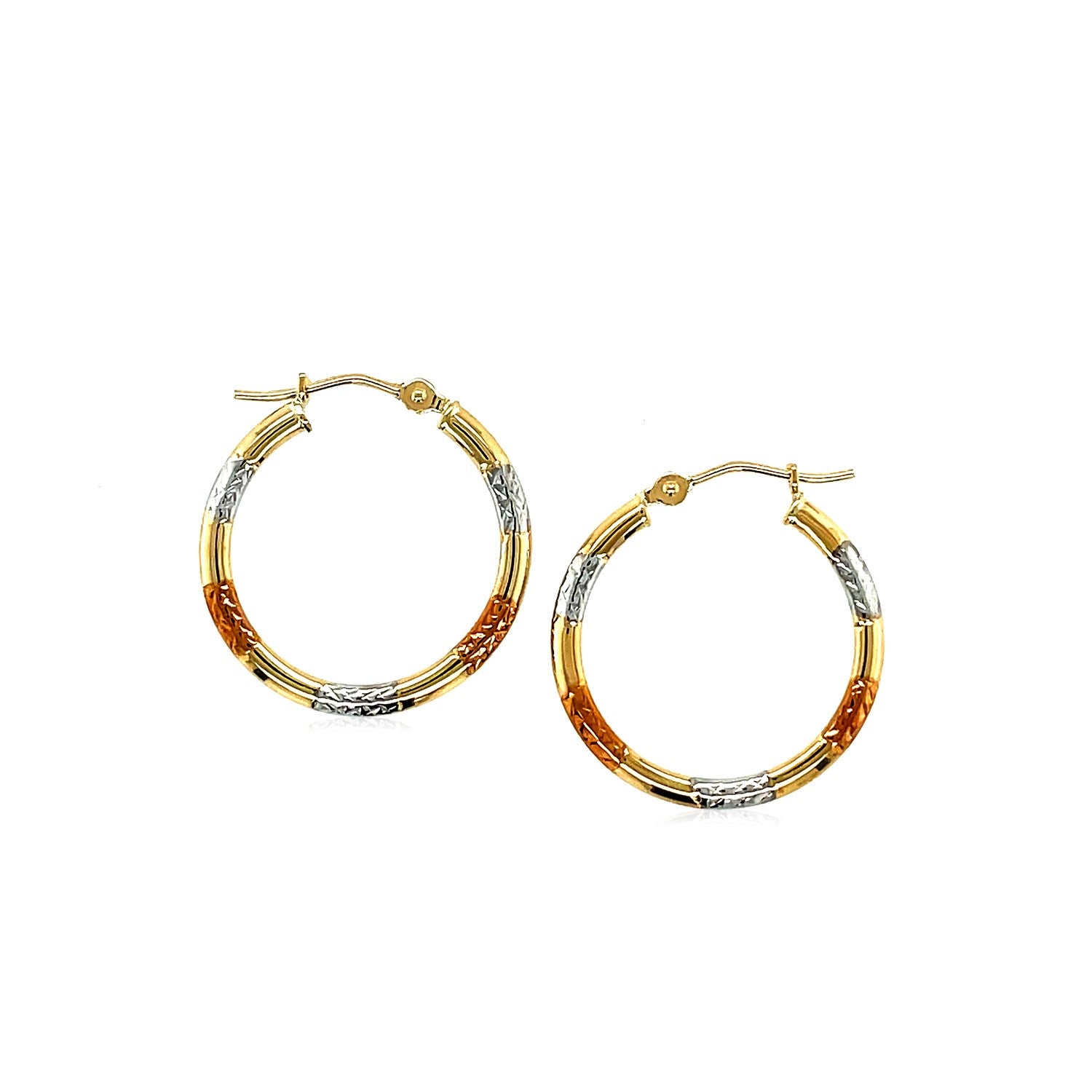 Tri-Color Diamond Cut Hoop Earrings, 10K Gold