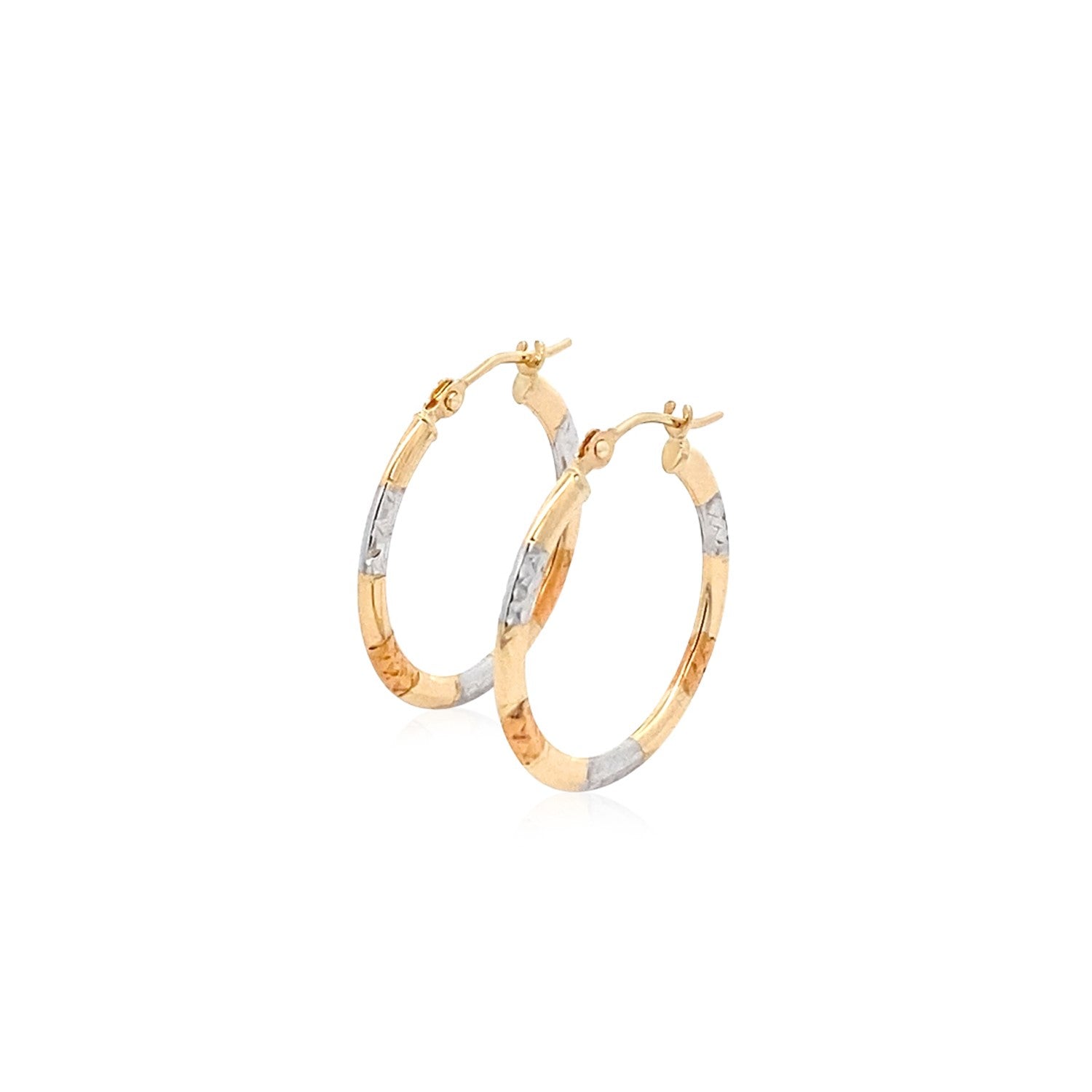 Tri-Color Diamond Cut Hoop Earrings, 10K Gold