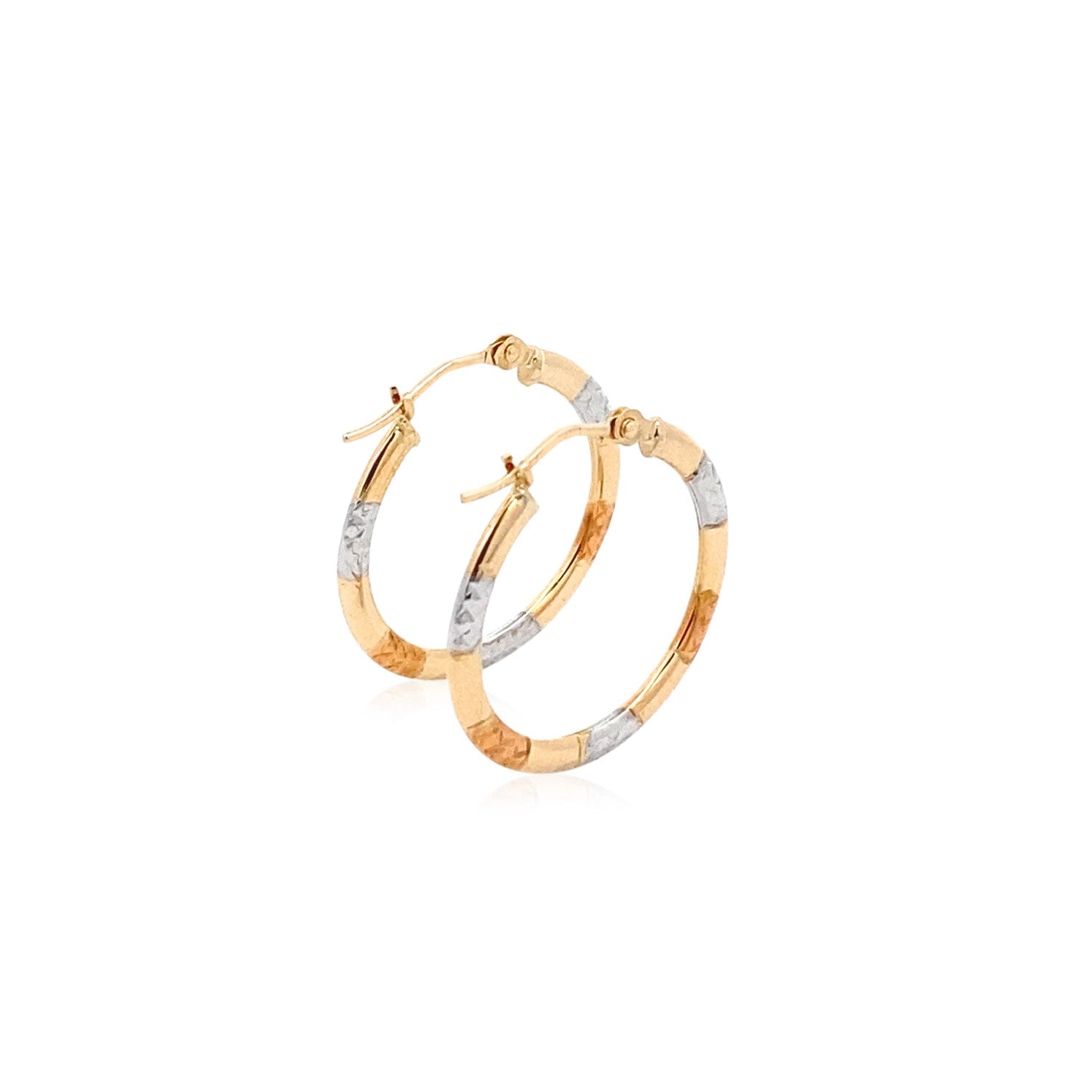 Tri-Color Diamond Cut Hoop Earrings, 10K Gold