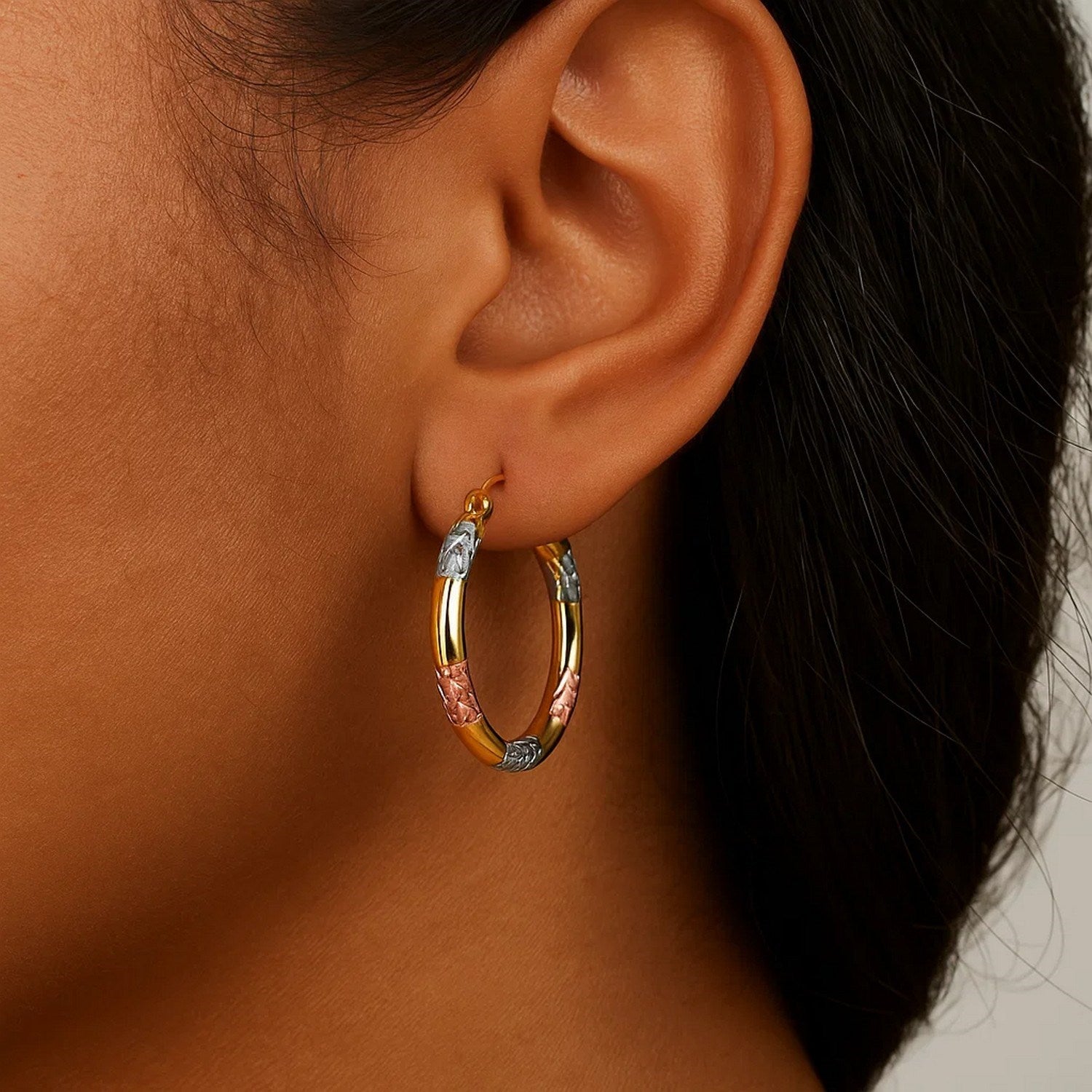 Tri-Color Diamond Cut Hoop Earrings, 10K Gold