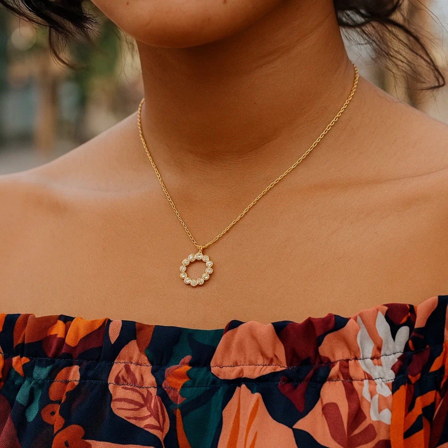 Petite Diamond Circle Necklace, 14K Yellow Gold
