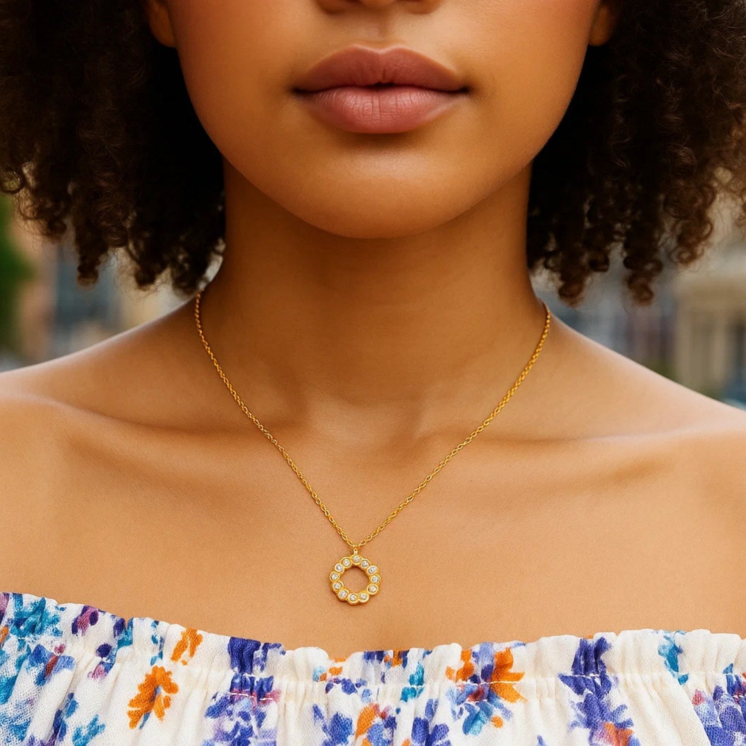 Petite Diamond Circle Necklace, 14K Yellow Gold