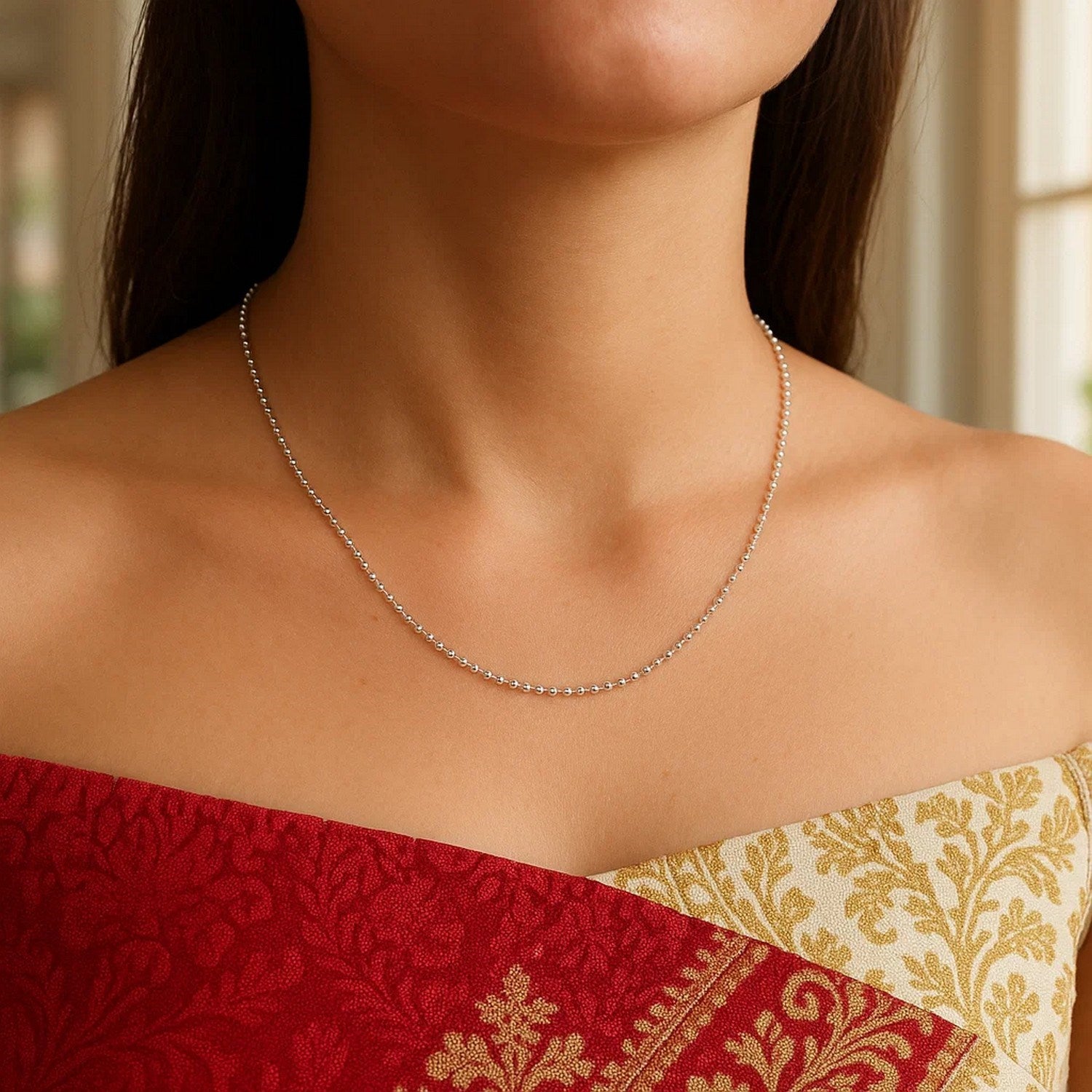 Diamond-Cut Bead Chain Necklace, 14K White Gold