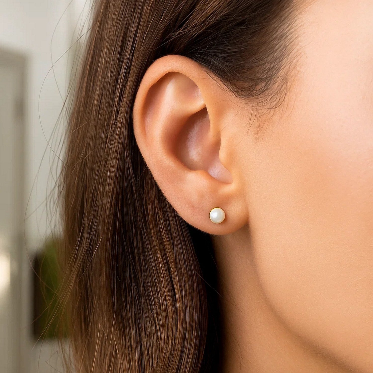 White Freshwater Pearl Stud Earrings, 14K Yellow Gold