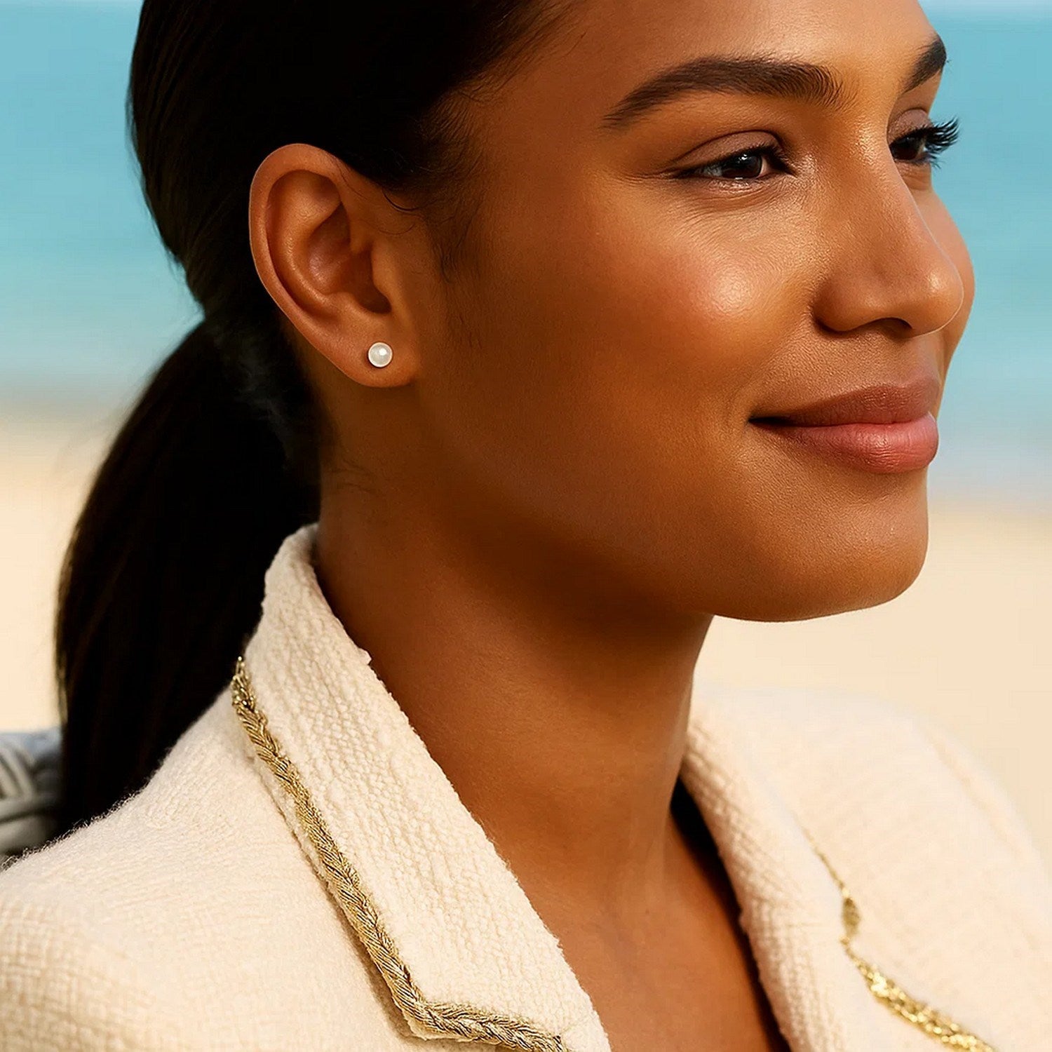White Freshwater Pearl Stud Earrings, 14K Yellow Gold