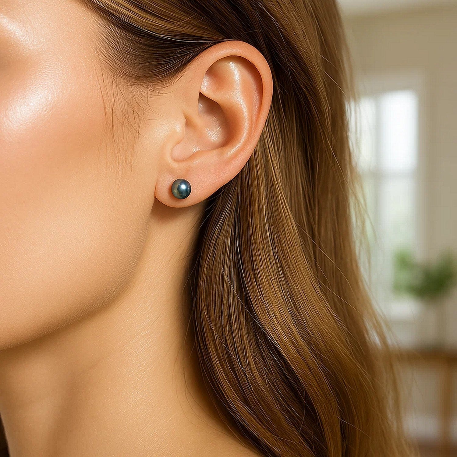 Black Cultured Pearl Stud Earrings, 14K Yellow Gold