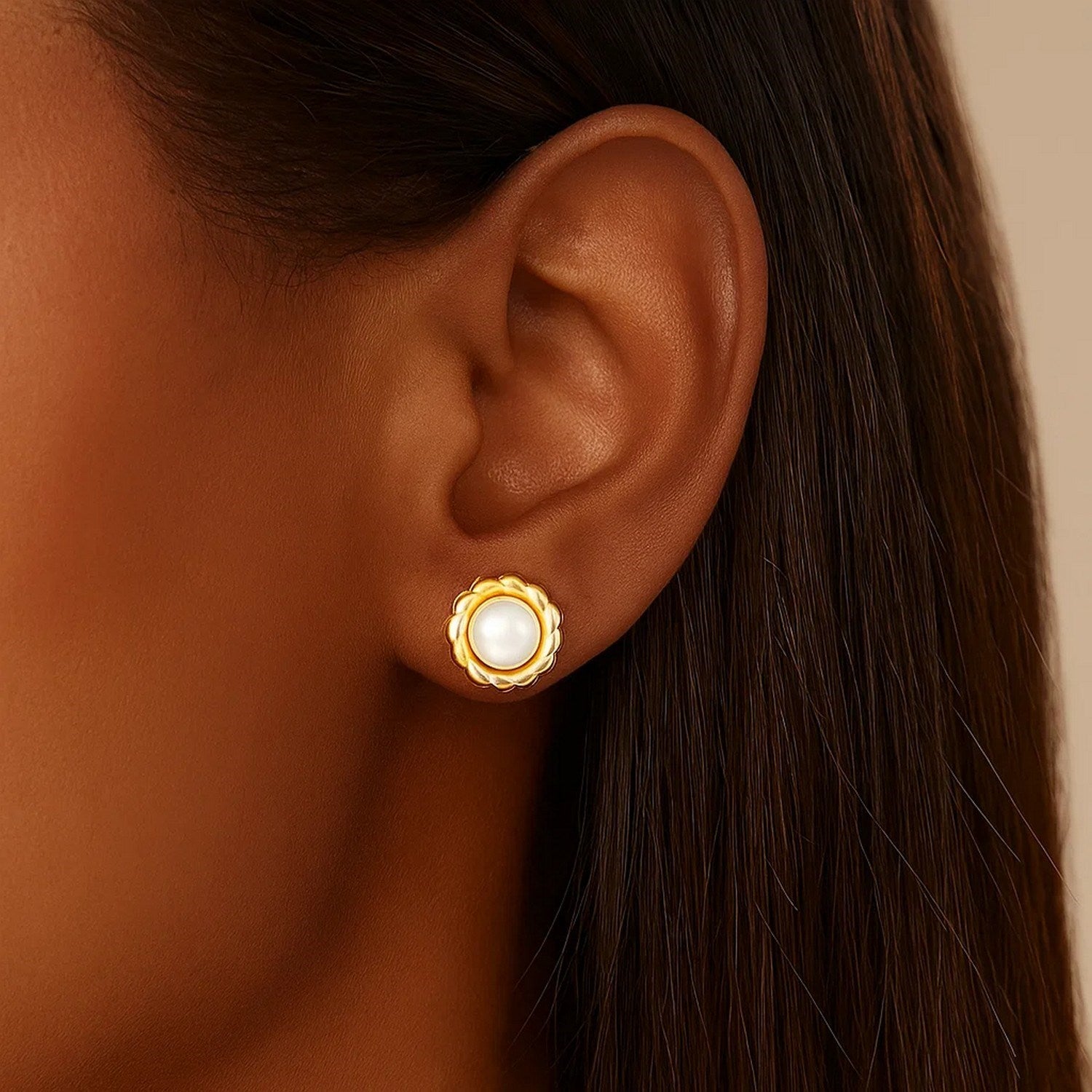 Flower Stud Earrings with Pearls, 14K Yellow Gold