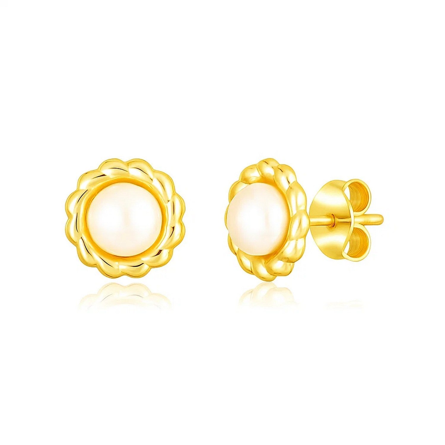 Flower Stud Earrings with Pearls, 14K Yellow Gold
